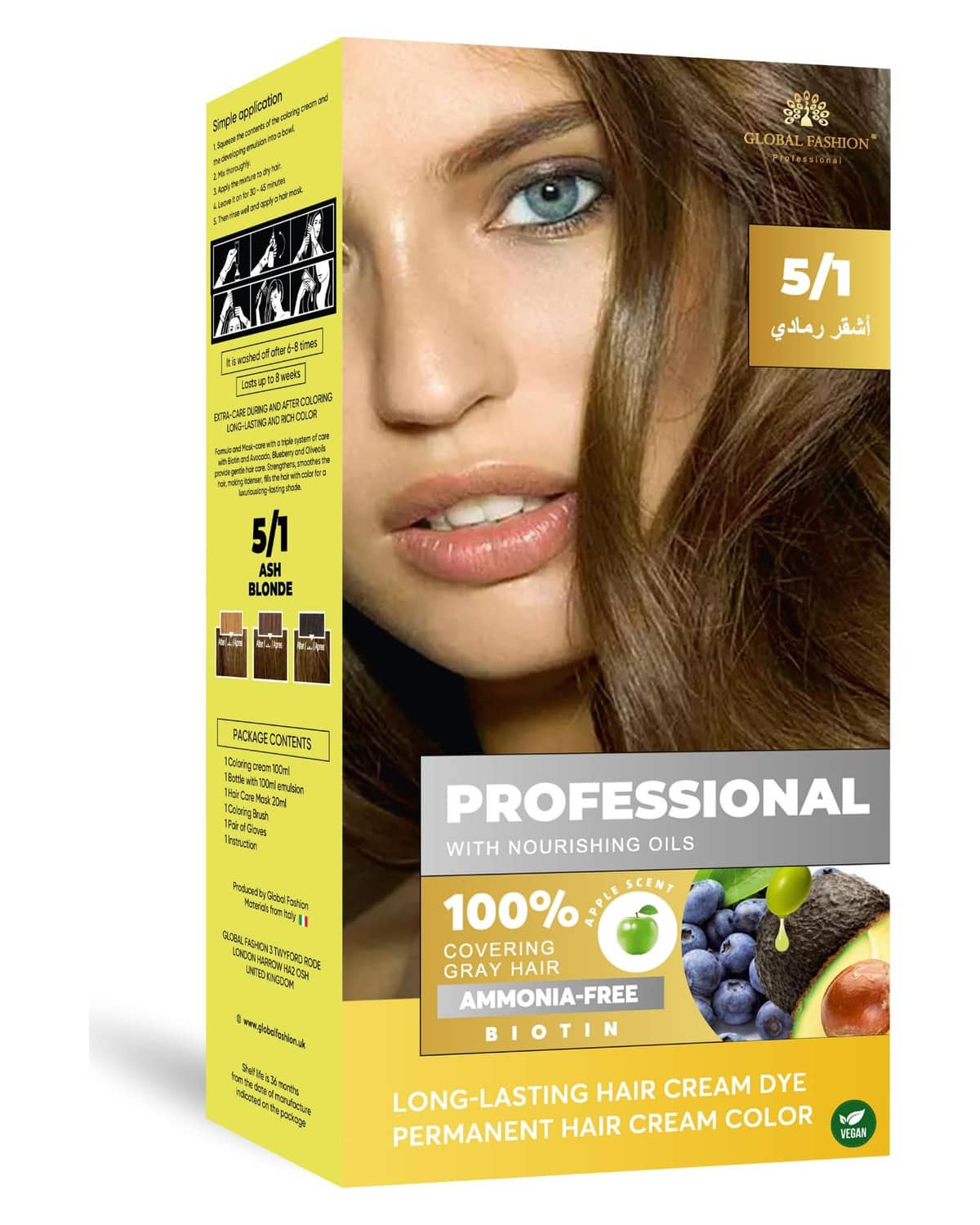 Permanent Hair Color Cream for Women & Men – 100% Grey Coverage, Ammonia-Free, Long-Lasting Hair Dye with Biotin & Nourishing Oils, Vegan Formula, 250ml – (5.1 Ash Blonde, 250ml)