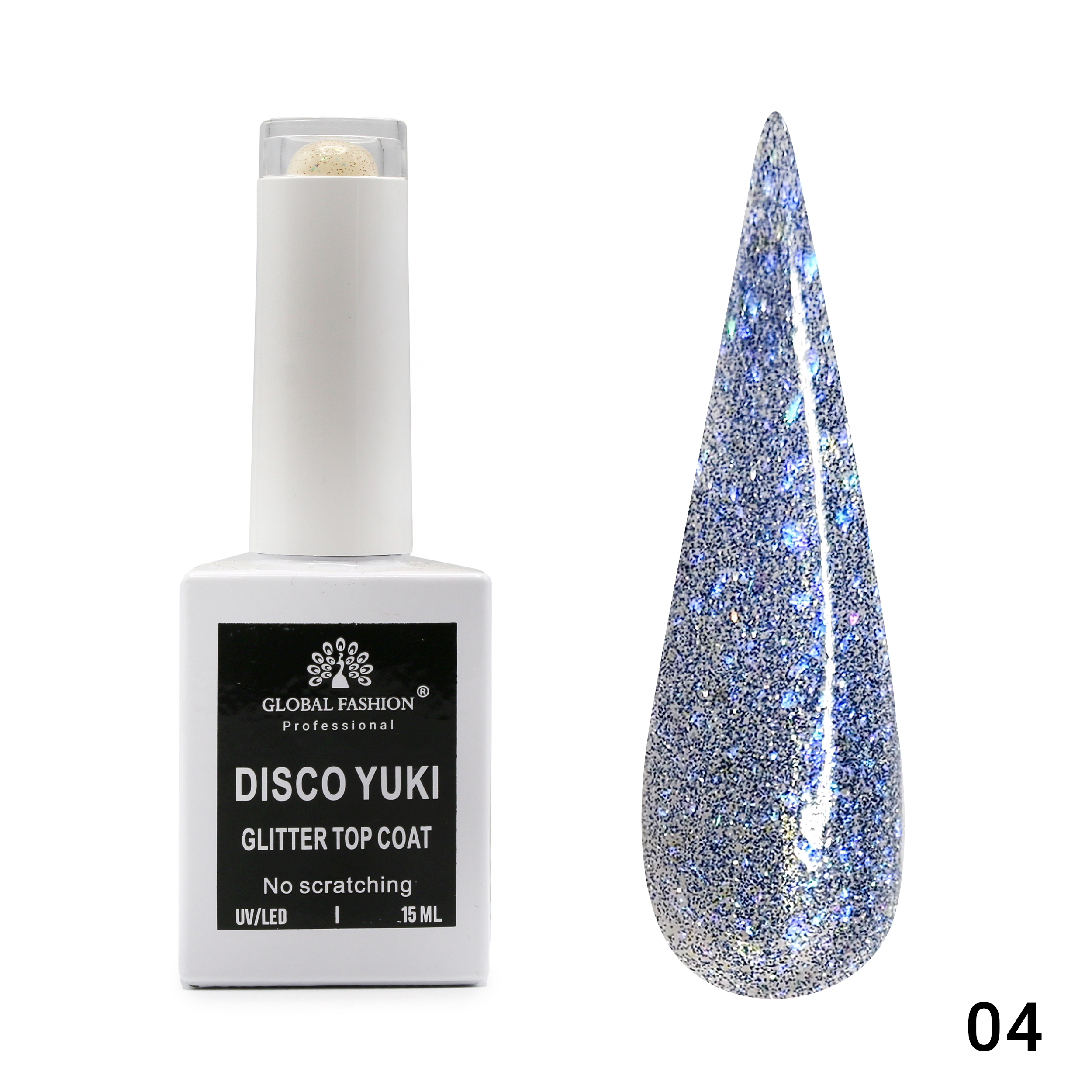 Top Coat Gel No Wipe Disco Yuki 15ml, Shimmering Effect, 15ml | 04