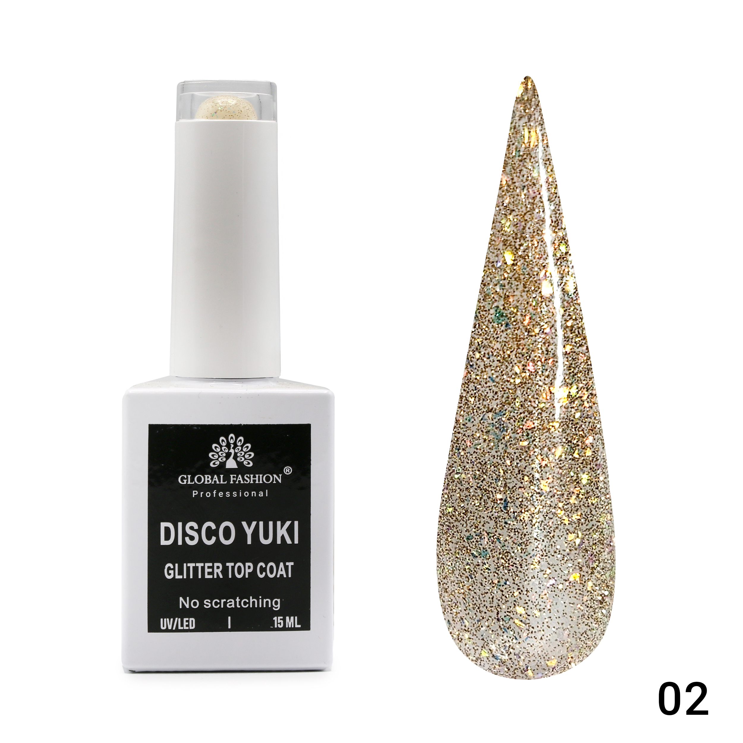Top Coat Gel No Wipe Disco Yuki 15ml, Shimmering Effect, 15ml | 02