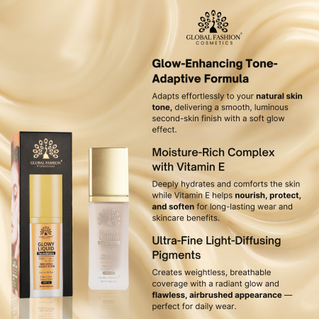 Global Fashion foundation close up radiant glow lightweight finish كريم اساس لقطة مقربة بلمعة طبيعية