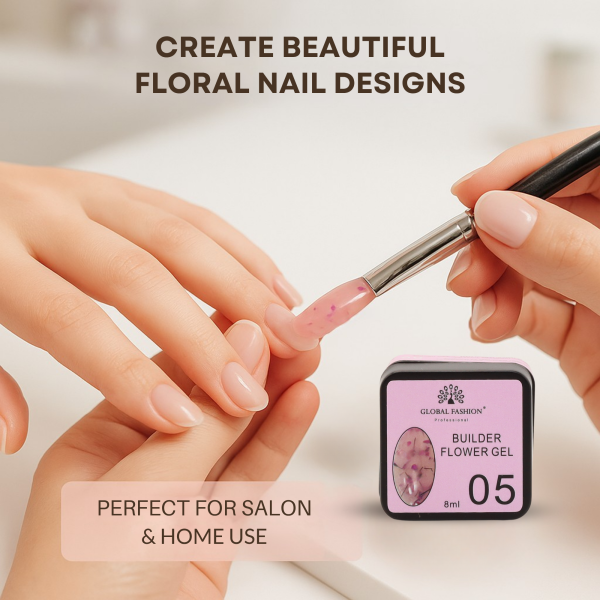 Global Fashion HEMA-Free Builder Flower Gel – Self-Leveling Clear Pink with Real Dried Petals