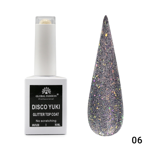 Top Coat Gel No Wipe Disco Yuki 15ml, Shimmering Effect, 15ml | 06