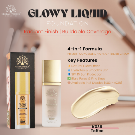 Global Fashion foundation close up radiant glow lightweight finish كريم اساس لقطة مقربة بلمعة طبيعية