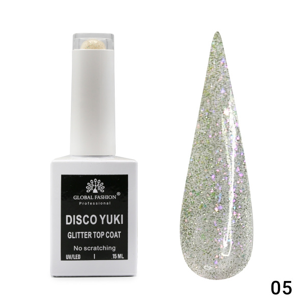 Top Coat Gel No Wipe Disco Yuki 15ml, Shimmering Effect, 15ml | 05