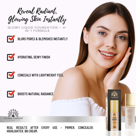 Global Fashion foundation close up radiant glow lightweight finish كريم اساس لقطة مقربة بلمعة طبيعية