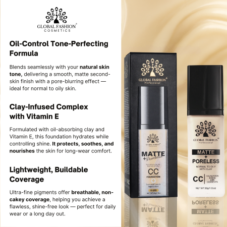 Global Fashion CC foundation close up matte lightweight finish كريم اساس سي سي لقطة مقربة
