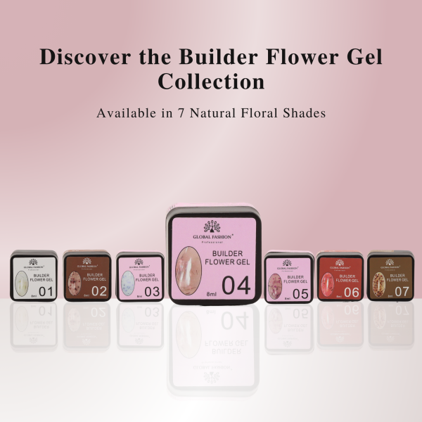 Global Fashion HEMA-Free Builder Flower Gel – Self-Leveling Clear Pink with Real Dried Petals