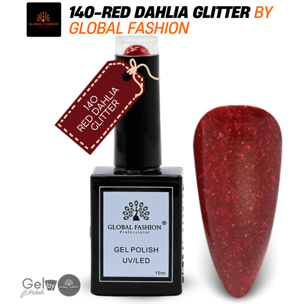 Glitter & Glimmer Nail Polish 15ml UV LED | 140-Red Dahlia Glitter 1p Glitter Shimmer Gel Nail Polish Bottle 15ml - UV LED Soak Off Nail Color UAE GCC | طلاء أظافر جل