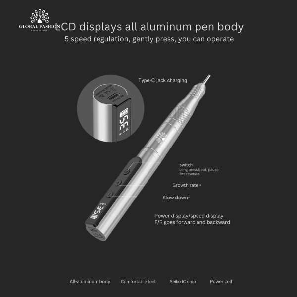 GLOBAL FASHION 35K RPM Rechargeable E-File – Portable USB Nail Drill 24W Silver
