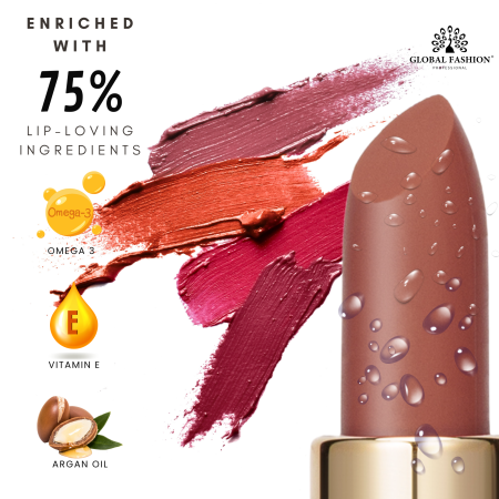 Global Fashion matte lipstick close up high pigment moisturizing finish احمر شفاه مطفي مرطب لقطة مقربة