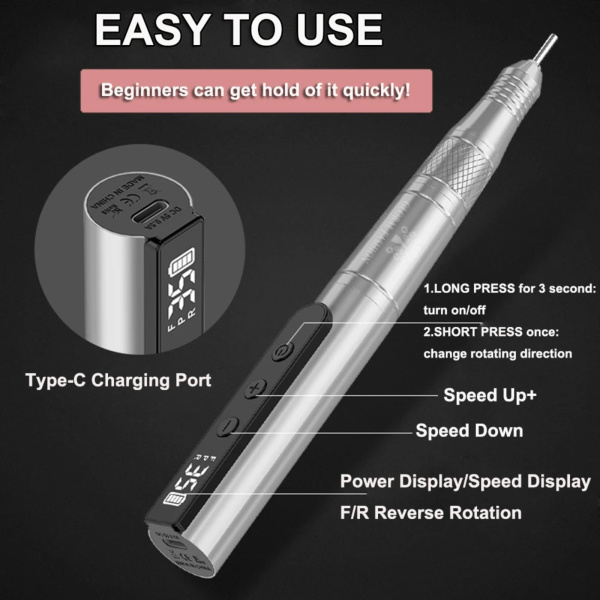 GLOBAL FASHION 35K RPM Rechargeable E-File – Portable USB Nail Drill 24W Grey
