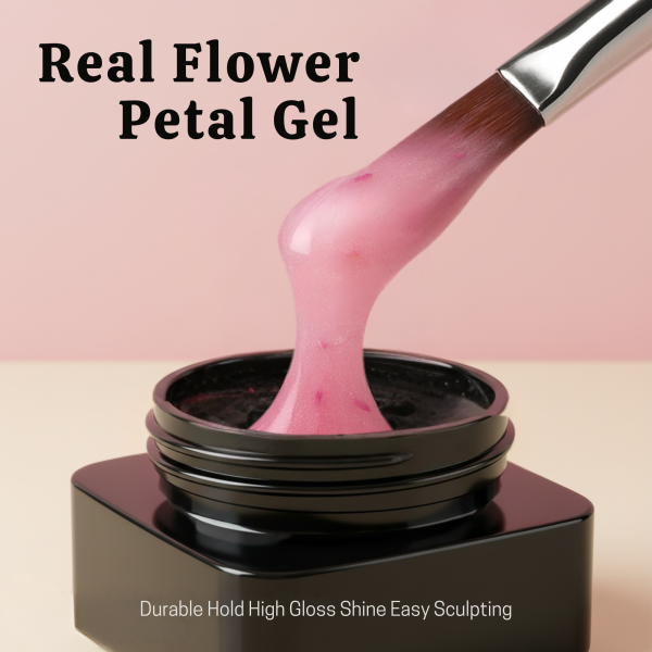 Global Fashion HEMA-Free Builder Flower Gel – Self-Leveling Clear Pink with Real Dried Petals