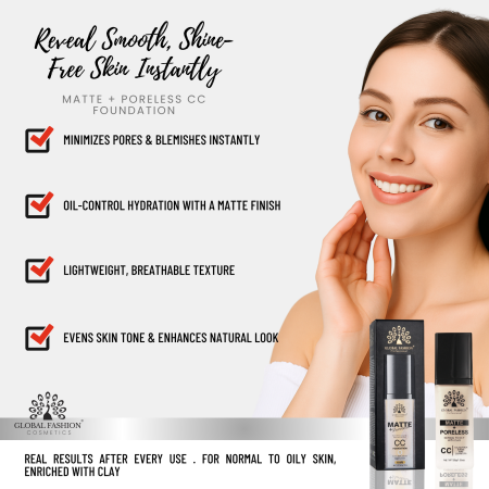 Global Fashion CC foundation close up matte lightweight finish كريم اساس سي سي لقطة مقربة