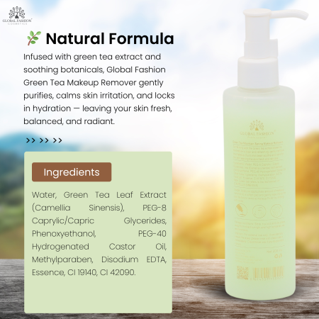 Green Tea Makeup Remover 200ml – Gentle Cleanser  Makeup Remover Close Up - Tea Extract Gentle Waterproof Cleanser | مزيل مكياج صورة مقربة