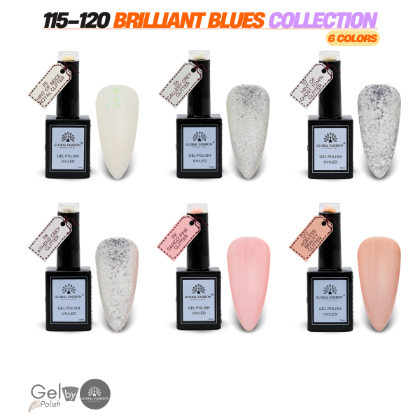 Brilliant Blues Gel Nail Polish Collection | 115–120 Brilliant Blues 6p Blue Glitter Gel Nail Polish Bottle 15ml - UV LED Soak Off Nail Color UAE GCC | طلاء أظافر جل أزرق