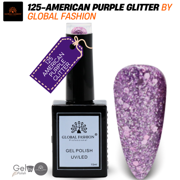 Inky & Indigo Nail Polish 15ml UV LED | 125-American Purple Glitter 1p Indigo Glitter Gel Nail Polish Bottle 15ml - UV LED Soak Off Nail Color UAE GCC | طلاء أظافر جل بنفسجي