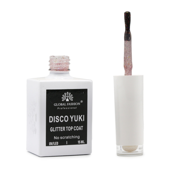 Global Fashion Disco Yuki Top Coat 15ml, No Wipe Gel Polish Top, Nail Glossy Coat, Top Coat for Gel Nails, جل جلوبال فاشن ديسكو يوكي توب كوت
