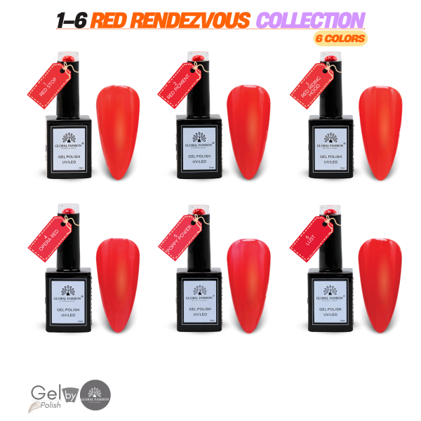 Red Rendezvous Gel Nail Polish Collection | 1-6 Red Rendezvous -6p Red Gel Nail Polish Bottle 15ml - UV LED Soak Off Nail Color UAE GCC | طلاء أظافر جل أحمر