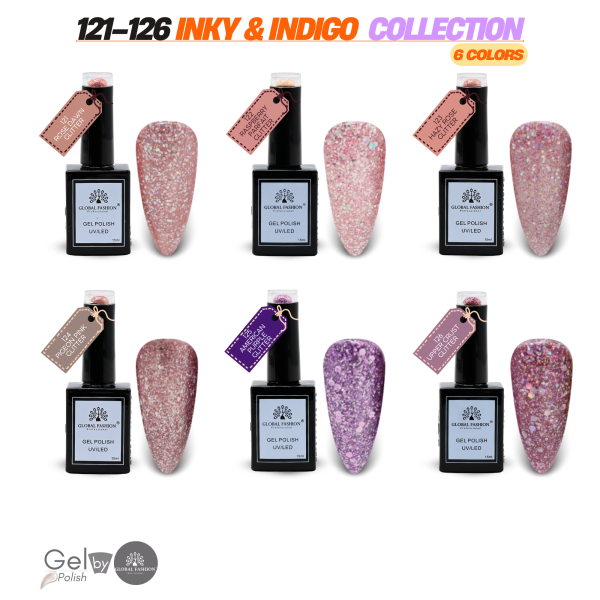 Inky & Indigo Gel Nail Polish Collection | 121–126 Inky & Indigo 6p Indigo Glitter Gel Nail Polish Bottle 15ml - UV LED Soak Off Nail Color UAE GCC | طلاء أظافر جل بنفسجي