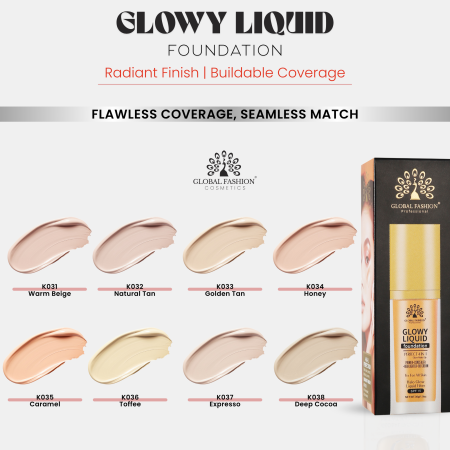 Global Fashion foundation close up radiant glow lightweight finish كريم اساس لقطة مقربة بلمعة طبيعية