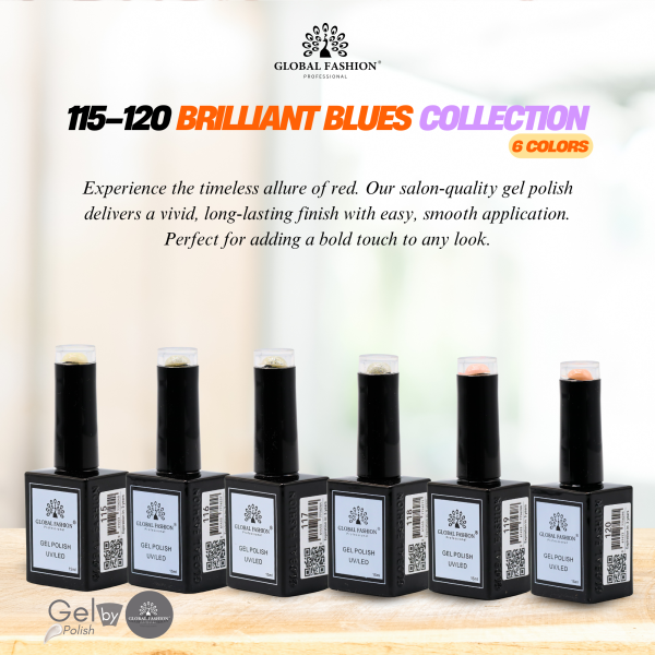 Brilliant Blues Gel Nail Polish Collection | 115–120 Brilliant Blues 6p Blue Glitter Gel Nail Polish Bottle 15ml - UV LED Soak Off Nail Color UAE GCC | طلاء أظافر جل أزرق