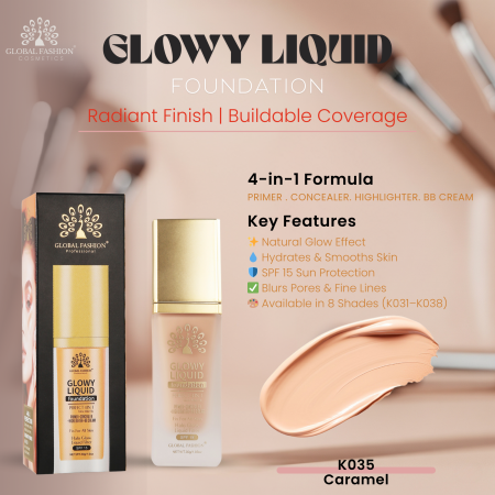Global Fashion foundation close up radiant glow lightweight finish كريم اساس لقطة مقربة بلمعة طبيعية