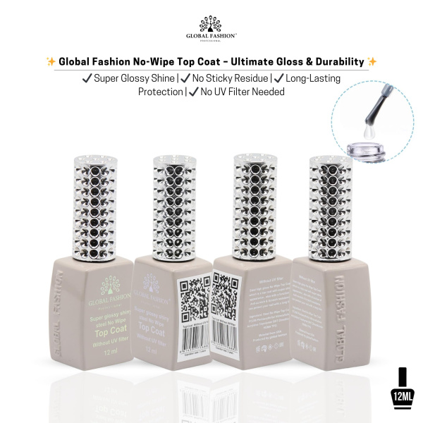 Global Fashion Super Glossy Shiny Top Coat Without UV Filter 12ml – No Wipe Gel Polish Top
