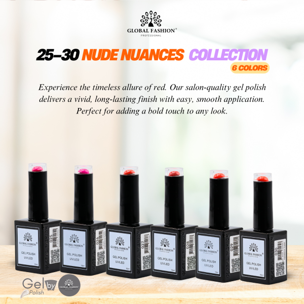 Nude Nuances Gel Nail Polish Collection | 25–30Nude Nuances 6p Nude Gel Nail Polish Bottle 15ml - UV LED Soak Off Nail Color UAE GCC | طلاء أظافر جل نيود