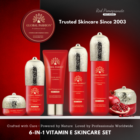 Vitamin E skincare set close up youthful glow finish مجموعة عناية بالبشرة لقطة مقربة
