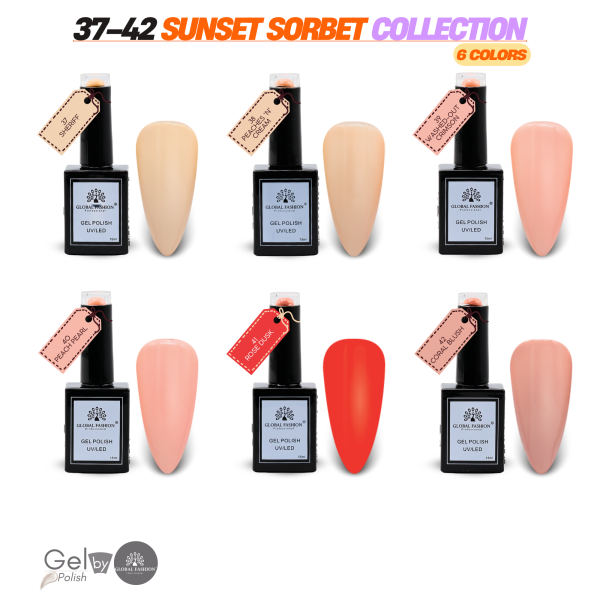 Sunset Sorbet Gel Nail Polish Collection | 37–42 Sunset Sorbet 6p Peach Coral Gel Nail Polish Bottle 15ml - UV LED Soak Off Nail Color UAE GCC | طلاء أظافر جل