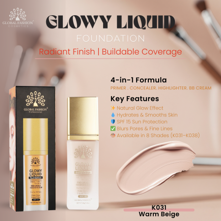 Global Fashion foundation close up radiant glow lightweight finish كريم اساس لقطة مقربة بلمعة طبيعية
