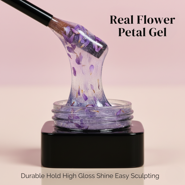 Global Fashion HEMA-Free Builder Flower Gel – Self-Leveling Clear Pink with Real Dried Petals