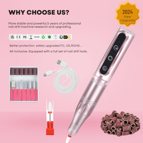 Professional 2-in-1 Nail Drill 35000 RPM – Model 108 | Pink rechargeable electric nail drill 35000 RPM cordless manicure e file tool with drill bits