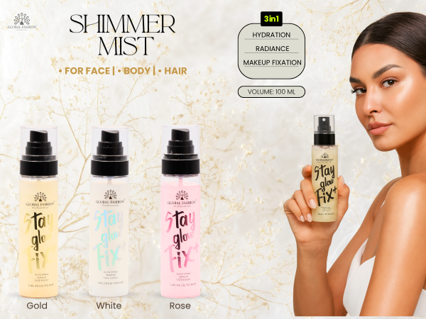 Global Fashion Stay Glow Fix shimmer mist hydrating glow spray بخاخ لمعان للجسم والوجه