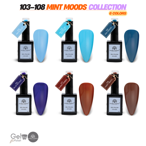 Mint Moods Gel Nail Polish Collection | 103–108 Mint Moods  6p Blue Mint Gel Nail Polish Bottle 15ml - UV LED Soak Off Nail Color UAE GCC | طلاء أظافر جل