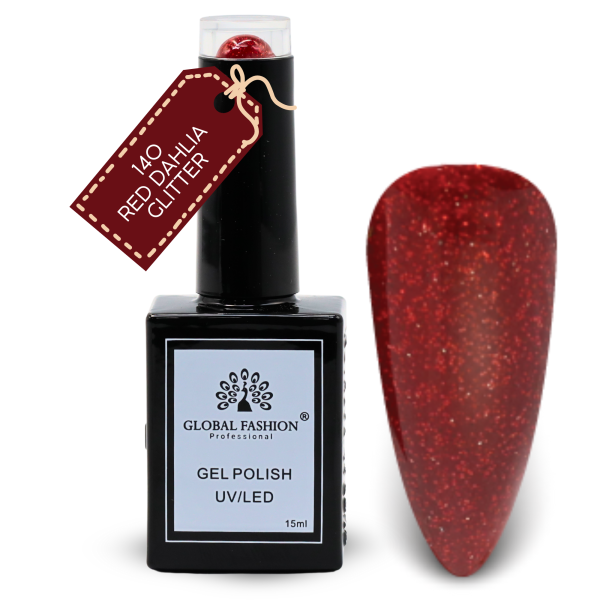 Glitter & Glimmer Nail Polish 15ml UV LED | 140-Red Dahlia Glitter 1p Glitter Shimmer Gel Nail Polish Bottle 15ml - UV LED Soak Off Nail Color UAE GCC | طلاء أظافر جل
