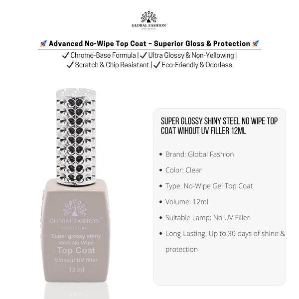 Global Fashion Super Glossy Shiny Top Coat Without UV Filter 12ml – No Wipe Gel Polish Top
