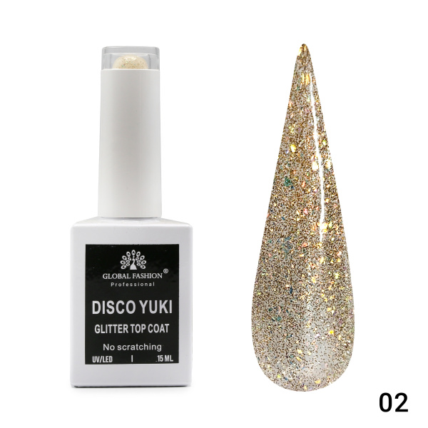 Top Coat Gel No Wipe Disco Yuki 15ml, Shimmering Effect, 15ml | 02