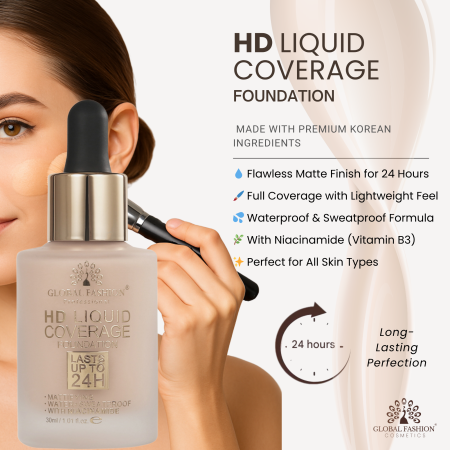 Global Fashion HD foundation close up matte oil control finish كريم اساس لقطة مقربة مطفي